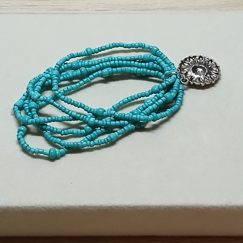Handmade Turquoise Tone Beaded Bracelet w/ Sunflower Pendant Fashion Jewelry #48 - Picture 7 of 8